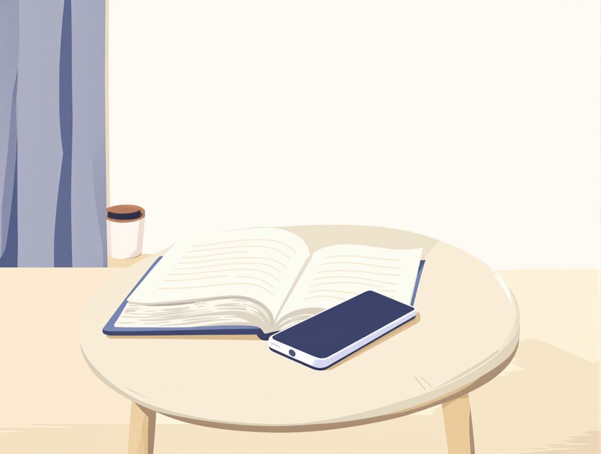 Un carnet d’adresses ouvert sur une page vierge, posé sur une table basse à côté d’un téléphone.