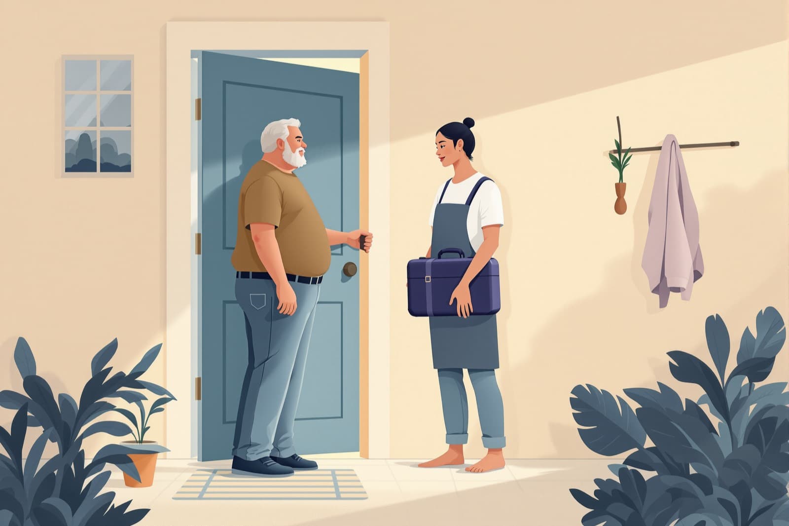 Un homme ouvre sa porte d’entrée à une professionnelle à domicile, qui arrive avec sa mallette.