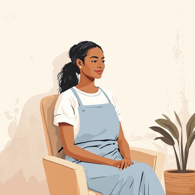 Une professionnelle assise dans un fauteuil chez elle, détendue, entre deux rendez-vous.