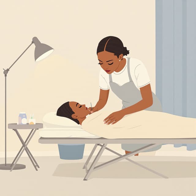 Une poseuse de cils se penche sur sa cliente allongée, ses pinces à la main.