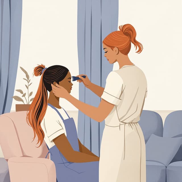 Une coiffeuse coiffe sa cliente dans son salon de séjour.