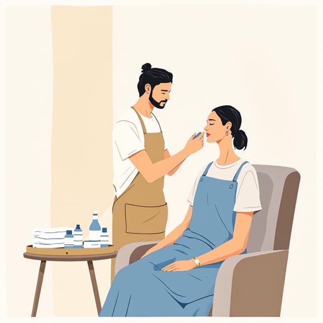 Un esthéticien applique une crème sur le visage de sa cliente, assise dans un fauteuil.