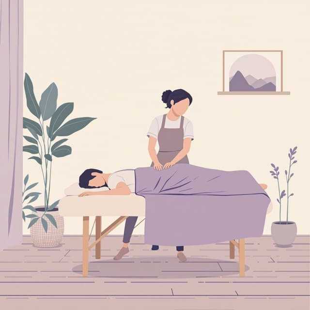 Une masseuse travaille le dos de son client, allongé sur une table pliante.