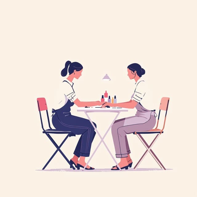 Une prothésiste ongulaire travaille la main de sa cliente, à une petite table pliante.