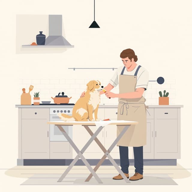 Un toiletteur brosse un petit chien sur une table pliante, dans une cuisine.