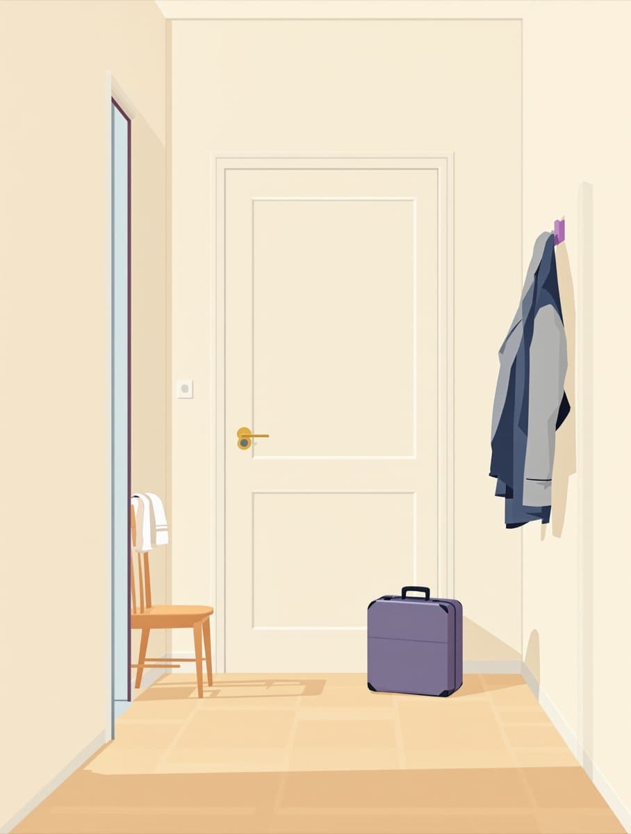 L’entrée d’un appartement en fin de prestation, la mallette fermée près de la porte.