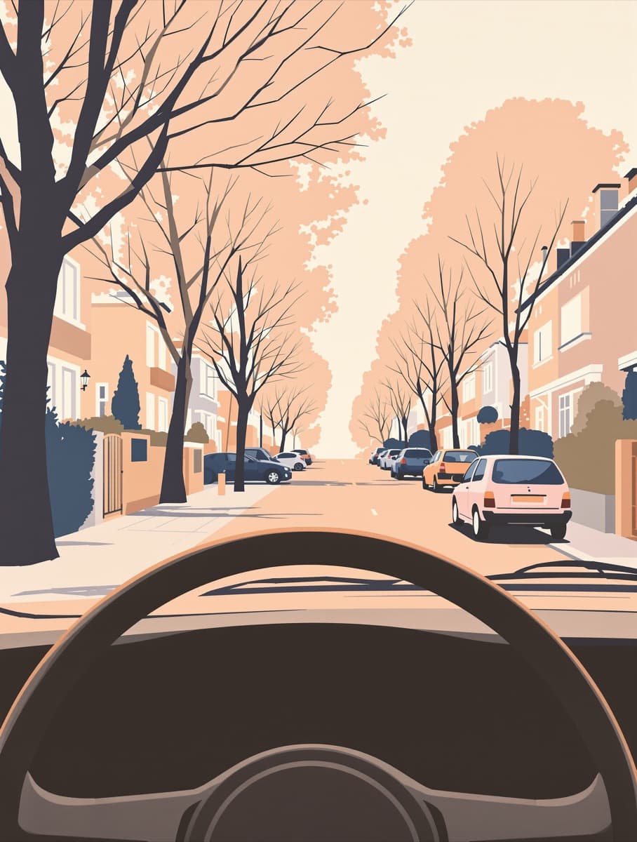 Une rue bordée d’arbres, vue depuis l’intérieur d’une voiture garée.