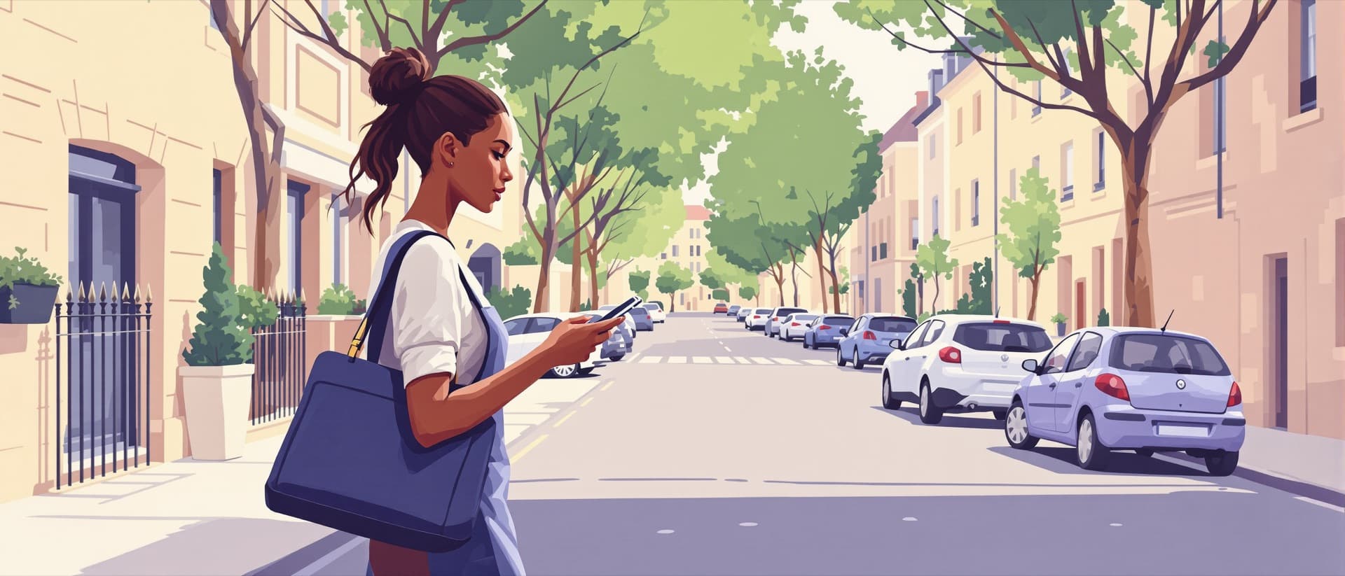 Une professionnelle marche dans une rue, sa mallette à la main, son téléphone à la main.